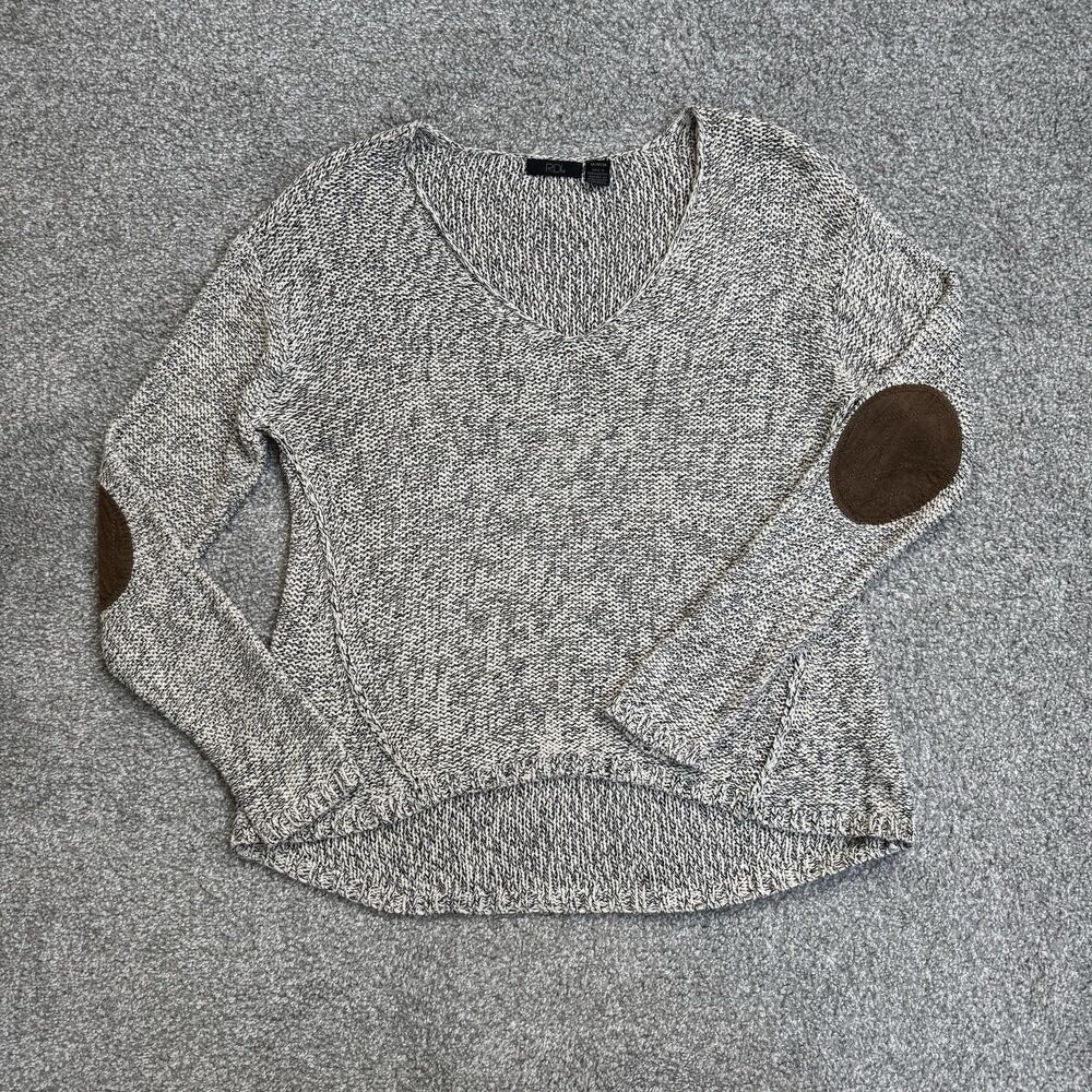 RDI Sweater Womens Medium Gray V Neck Elbow Patch Hi Low Knit Fall Casual Cozy